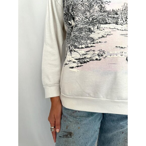 90s vintage white snowy winter holiday graphic collared cotton pullover sweater - Picture 9 of 10